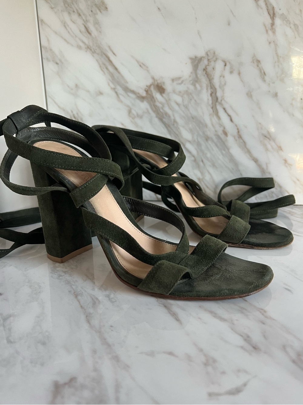 Gianvito Rossi Dark Green Suede Lace Up Block Heel Size 38.5 - Picture 4 of 8